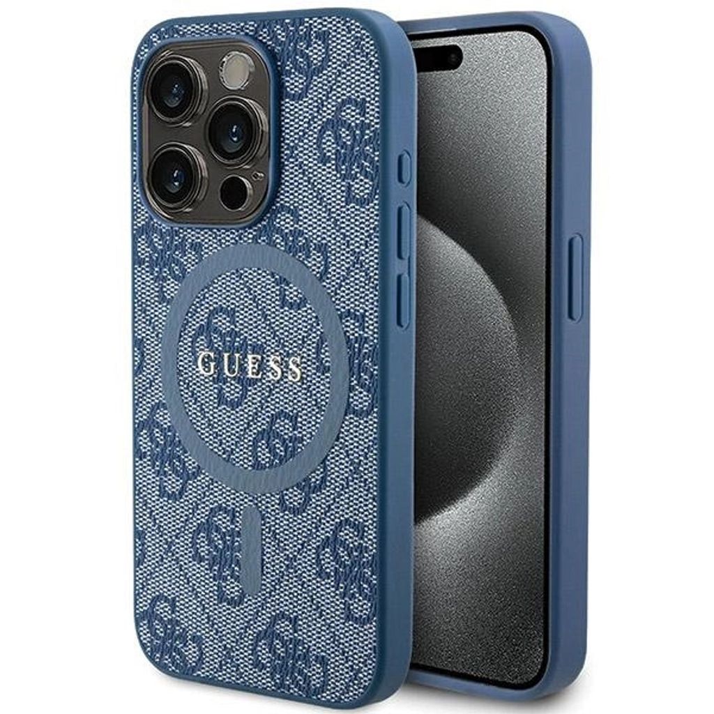 Guess 4G Collection Leder Metall Logo MagSafe - iPhone 15 Pro Tasche (blau)