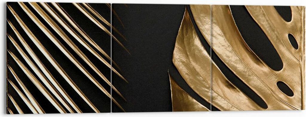Bild auf Leinwand - Leinwandbild - 3 Teile - Golden Blatt Monstera - 150x50cm - Wand Bild - Wanddeko - Wandbilder - Leinwanddruck - Bilder - Wandde...
