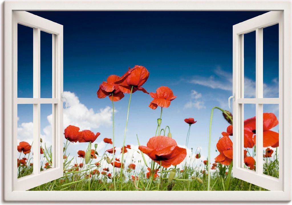 ARTland Leinwandbild Fensterblick Feld mit Mohnblumen, weiß Größe: 100x70 cm