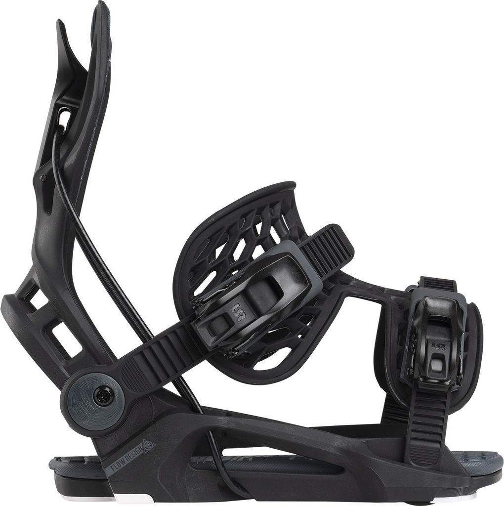 A black snowboard binding shown from the side against a white background.