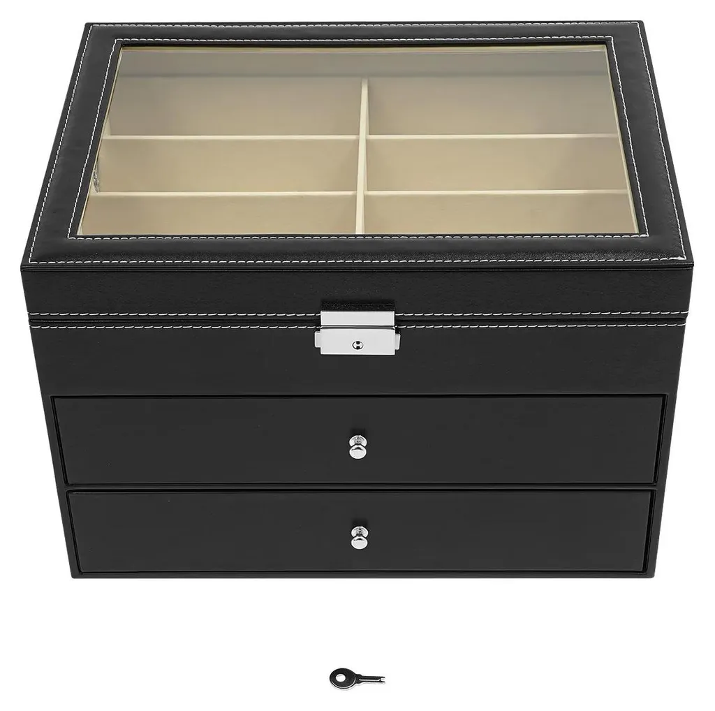 Rangement lunettes pour collectionneur : 24 paires, cuir noir et verre