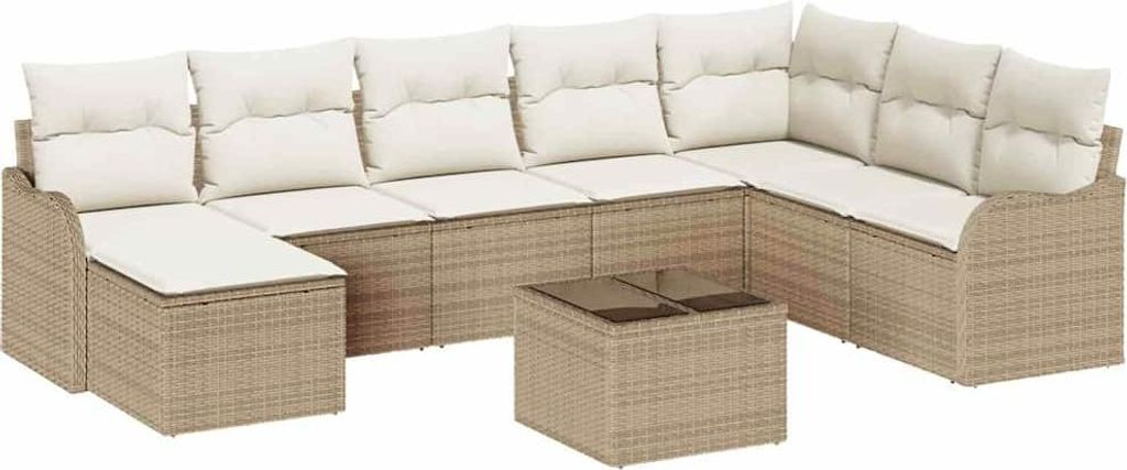 Garten-Sofa-Set mit Kissen 9 pcs Beige und Weiß Poly Rattan