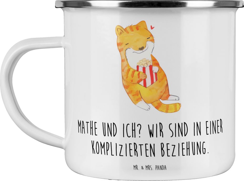 Mr. & Mrs. Panda Emaille Tasse Katze Dyskalkulie - Weiß - Geschenk, Rechenschwäche, Teetasse, Pott, Haferl, Becher, Rechenstörung, metallbecher
