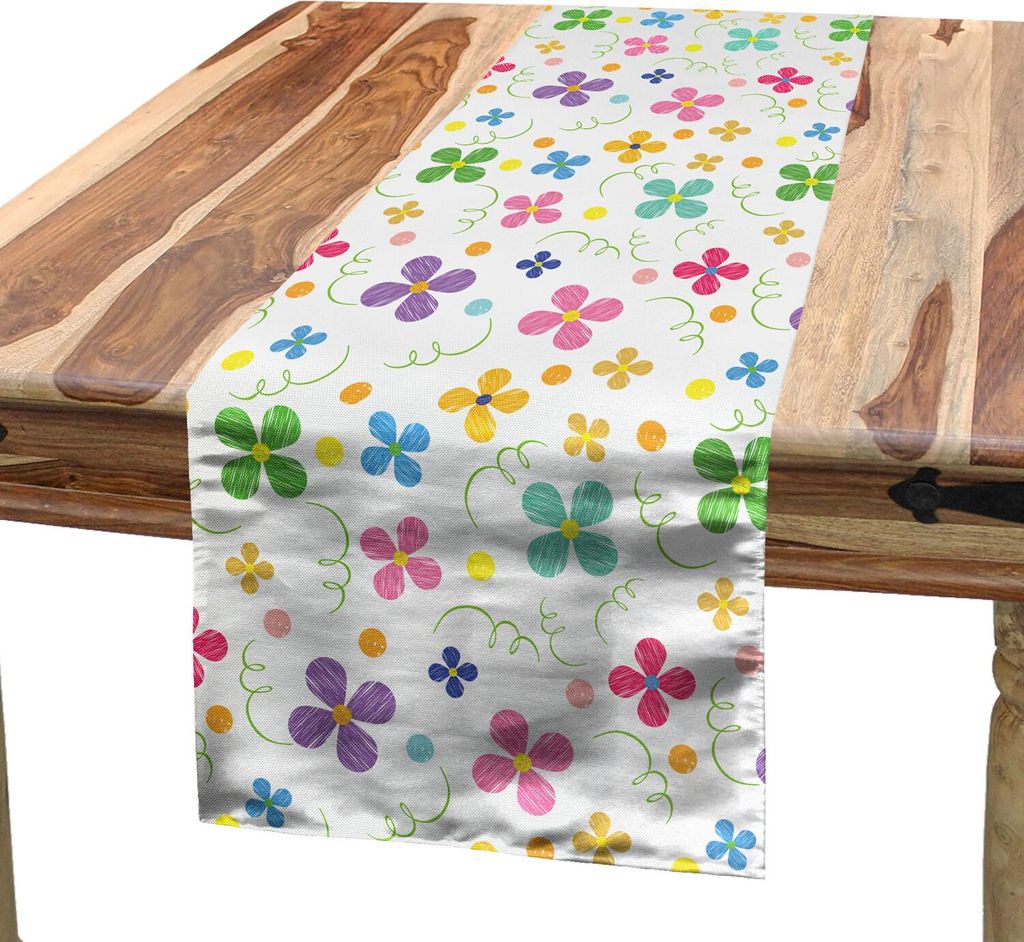 ABAKUHAUS Blume Tischläufer, Frühling inspirierte Sketch Art Style Daisy Blüten und Punkte in lebhaften Farben Fun Natur, 40 x 225 cm, Mehrfarbig