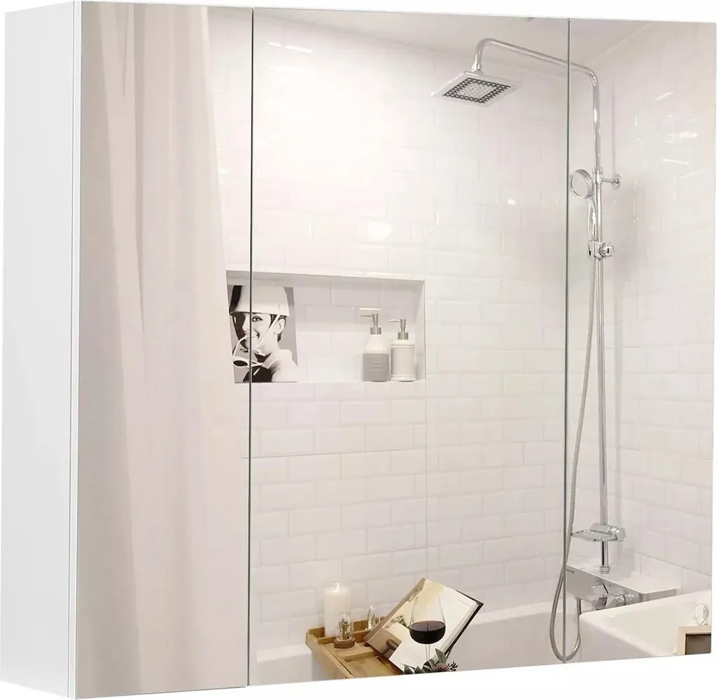 Mobiletto Specchio Bagno 3 Ante Bianco 60 cm Geoffrey | Montaggio Parete - 2
