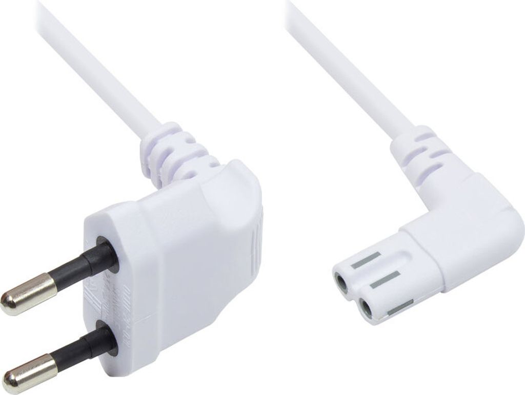 Euro-Netzkabel, Netzstecker an Euro 8 Buchse, beidseitig 90° abgewinkelt, weiß, 2m, Good Connections