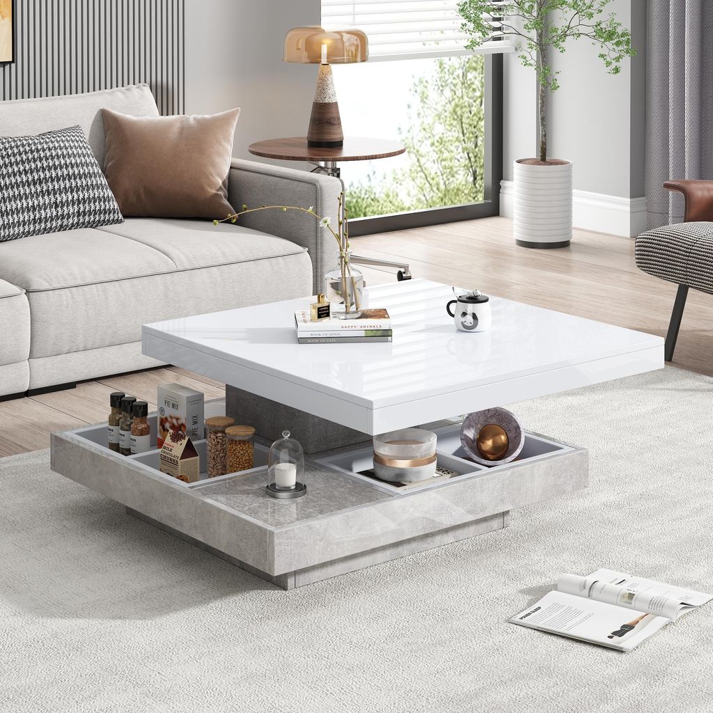 Sweiko Funktioneller Doppelcouchtisch mit Hochglanzplatte Tischplatte 360° drehbar, Doppelschwenkplatte mit Ablagefach, Wohnzimmertischplatte in w...