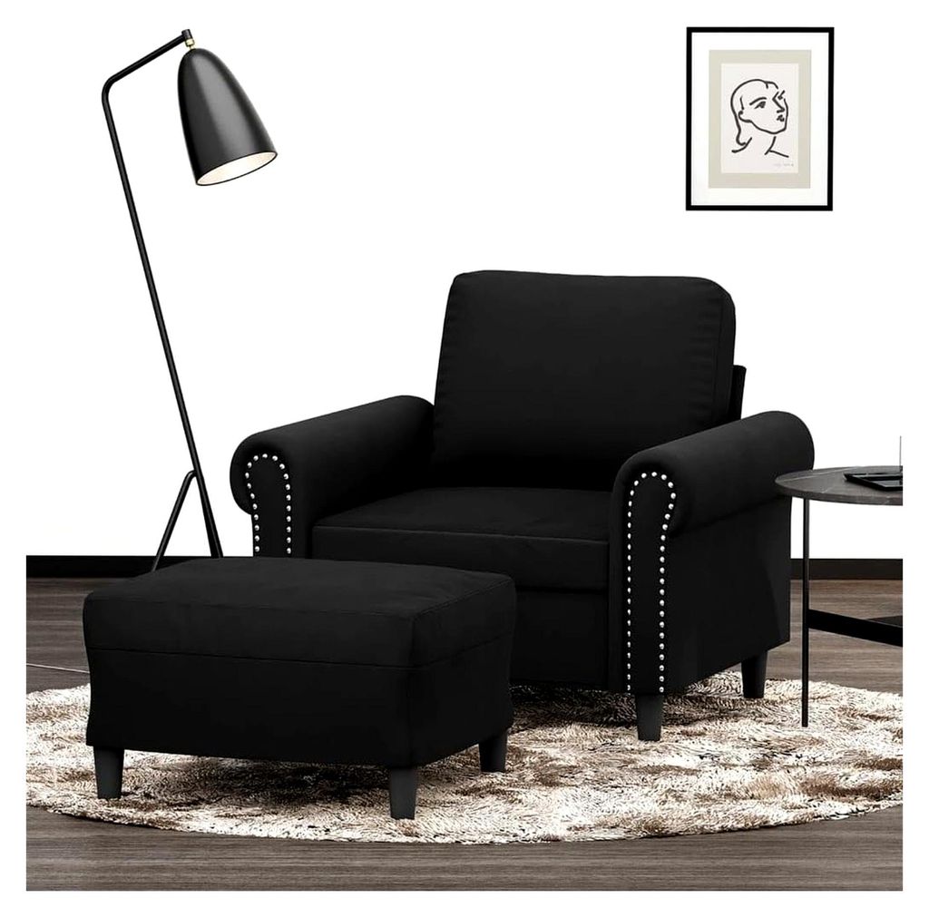 Schwarzer Samt Sessel mit Hocker, 60 cm Sitzbreite, Robustes Metallgestell, bequemer Relaxsessel für Wohnzimmer und Schlafzimmer, max. 110 kg
