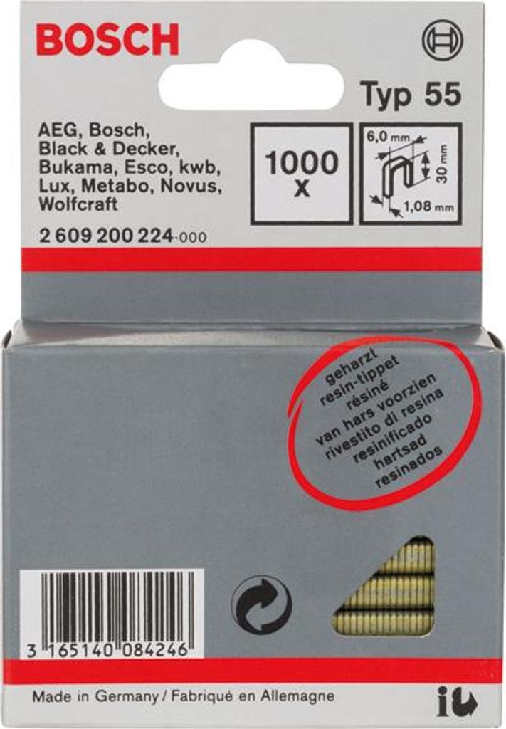 Schmalrückenklammer Typ 55, geharzt 6 x 1,08 x 30 mm, 1000er-Pack
