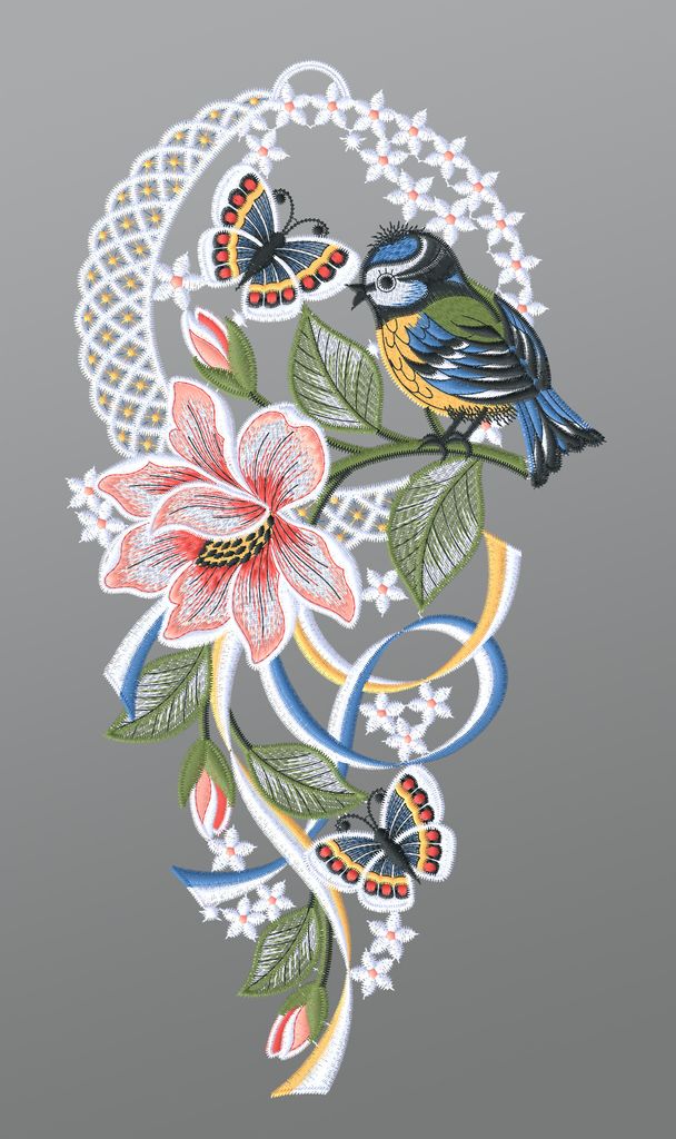 Fensterbild aus Plauener Spitze - Blaumeise mit Schmetterling und Blume (Bx H) 19cm * 37cm mehrfarbig Fensterdekoration Fensterschmuck