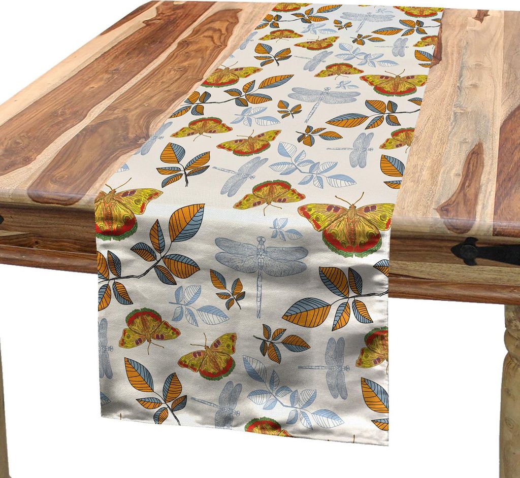 ABAKUHAUS Herbst Tischläufer, Schmetterling Leave Dragon Fly Flora Fauna Netter Illustration, 40 x 180 cm, Eierschalenfarben Ringelblume