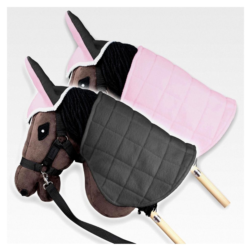 Wendbare Decke und Fliegenhaube für Hobby Horses – Rosa und Grau, Zubehör für Steckenpferde, Zweifarbige Pferdedecke und Fliegenohren für Gr...