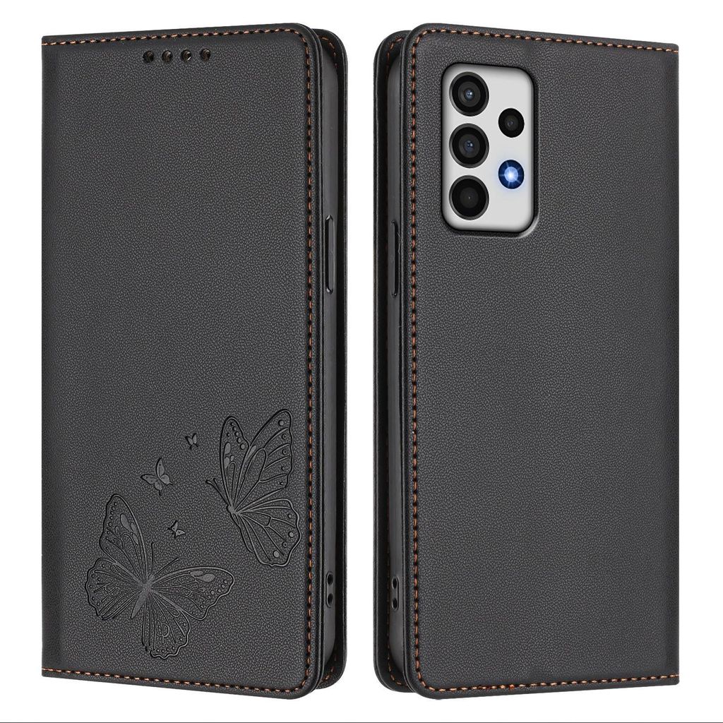 Lederhülle für Samsung Galaxy A52 / A52s 5G, Schmetterling Prägung Leder Brieftasche Schutzhülle mit Ständer Schwarz