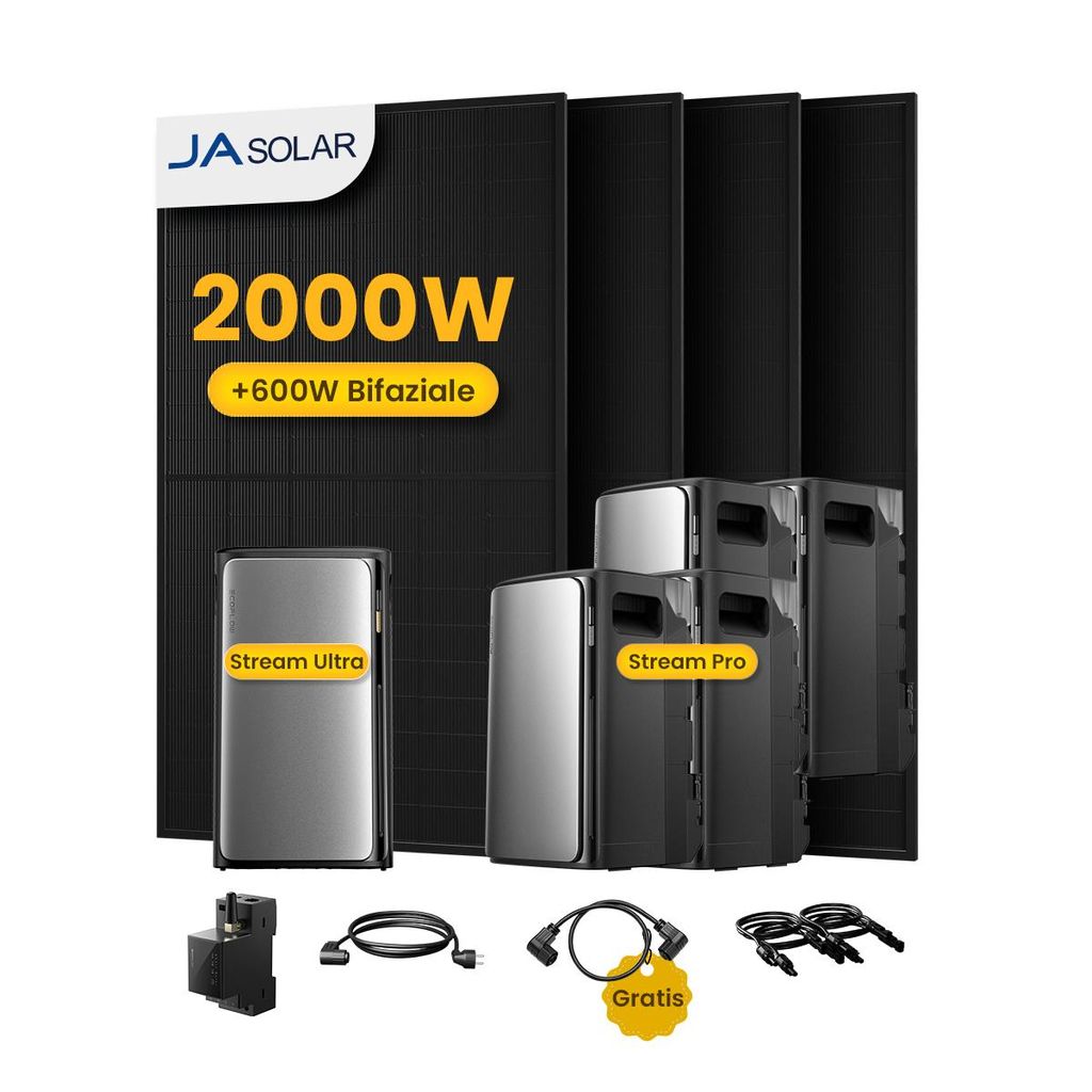 Powerness Balkonkraftwerk mit Speicher, EcoFlow STREAM Ultra 1,92 kWh (4 MPPT) mit 4x STREAM Pro (3 MPPT) und 4x JA Solar 500W Module & Smart Meter