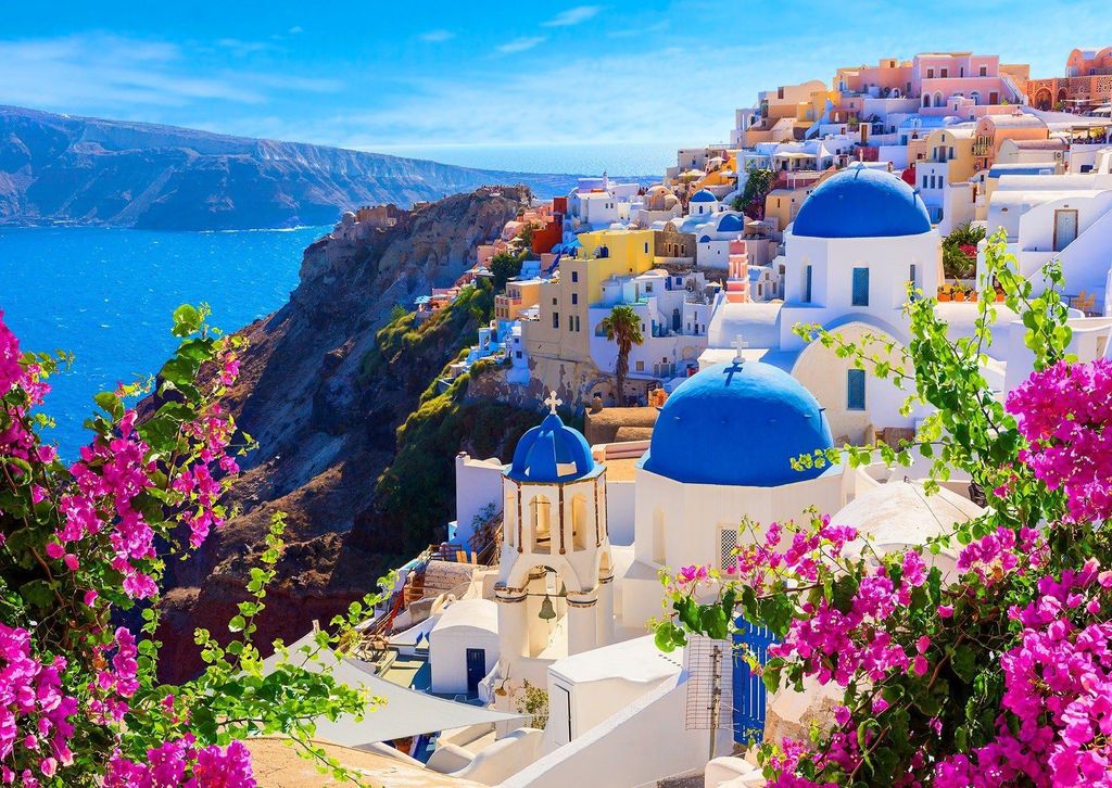 ENJOY Puzzle Santorini s květinami, Řecko 1000 dílků Obrázek produktu 