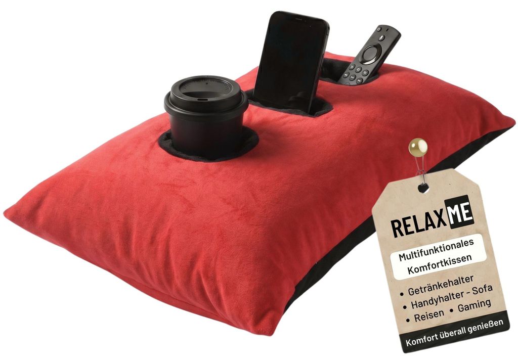 Relax-ME Kissen mit Tablet- & Getränkehalter, Sofakissen mit Handyhalter, Perfekte Geschenkidee, Rot-Schwarz, 40x60 cm