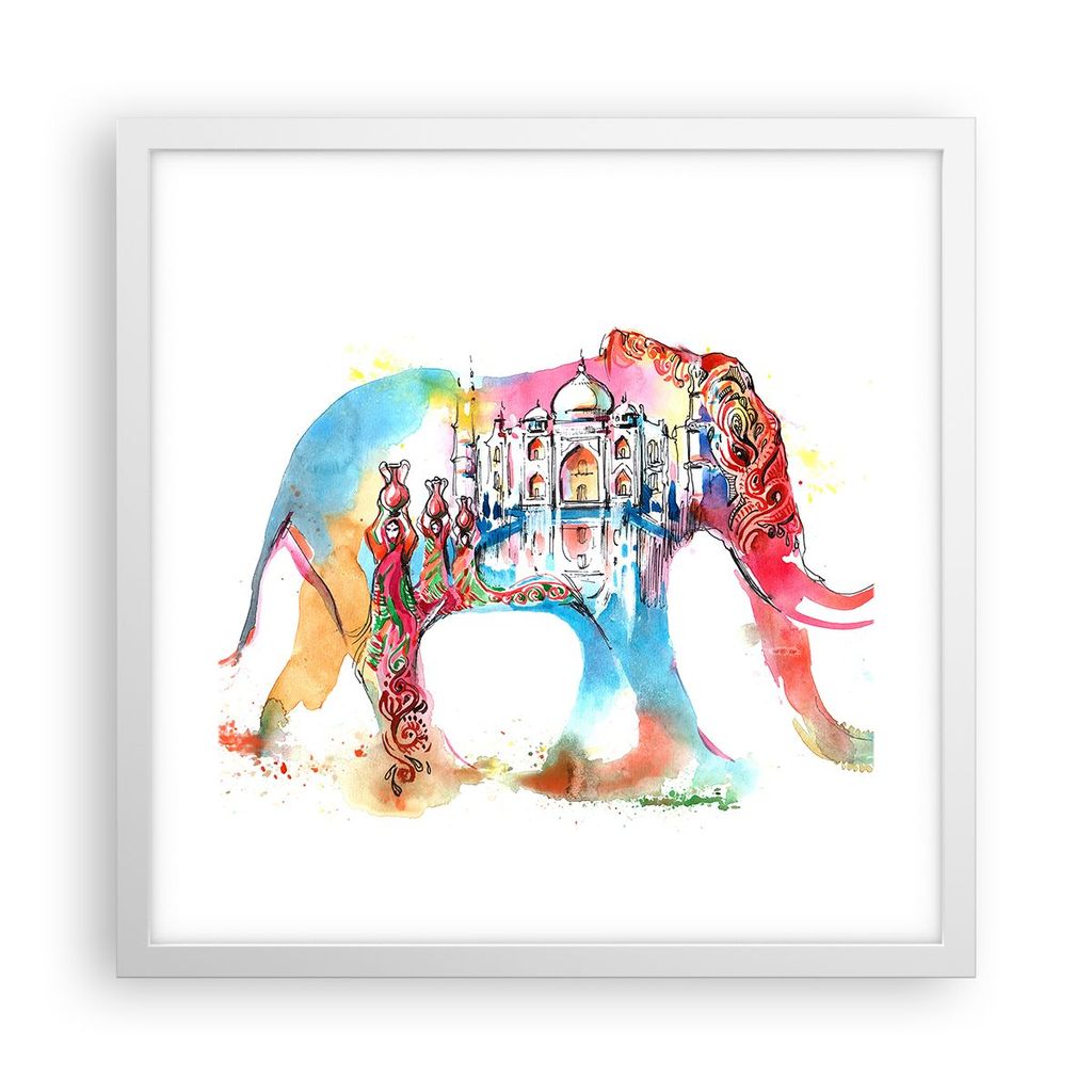 Gerahmtes Poster - Weißer Rahmen - Elefant Indien ethnisch Kultur - 40x40 cm - Wand Bild - Wanddeko - Wandbilder - Wandposter - Bilderrahmen - Bil...