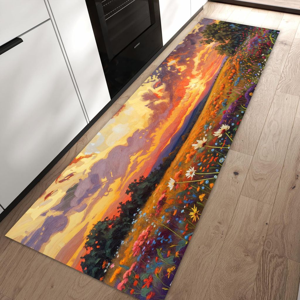 Küchenteppich 80x250cm rutschfest & abwischbar PVC Läufer - Blumenwiese Sonnenuntergang