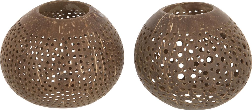 J-Line J-Line Teelichthalter Kokosnuss Löcher - Braun - Ø 15 Cm - 2Er Set