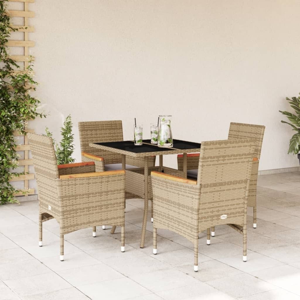 "Rabatt" 5-tlg. Garten-Essgruppe - mit tishe & Stuhl - mit Kissen Beige Poly Rattan und Glas - Lounge-Dining set CC10916
