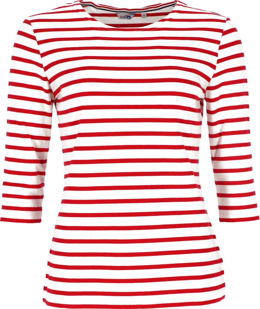 modAS Bretonisches Damenshirt mit 3/4-Arm - Streifenshirt Ringelshirt Basic Shirt Gestreift aus Baumwolle in Weiß/Rot Größe 46
