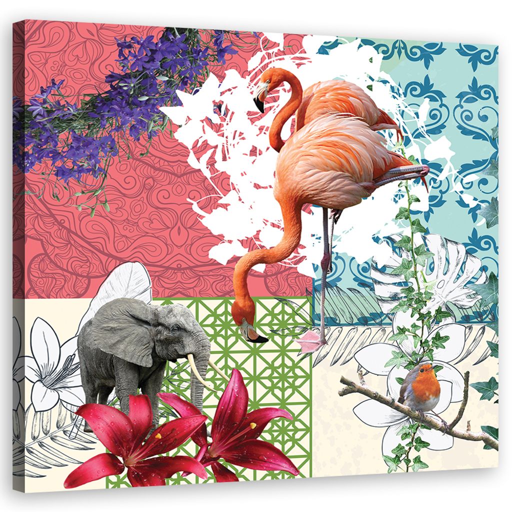 Leinwandbild Flamingo Elefantenvogel 60x60 Feeby Bunt bild für die wand bereit zum aufhängen
