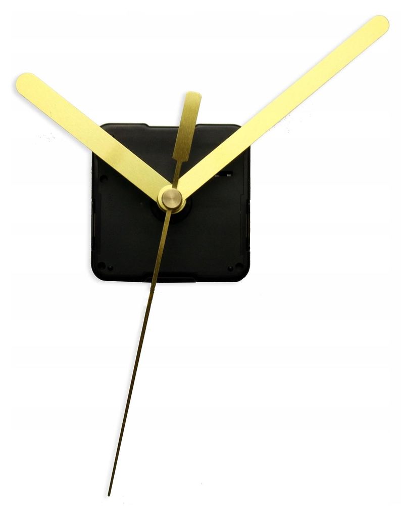 A close-up shot of a clock movement with gold-colored hands against a white background.