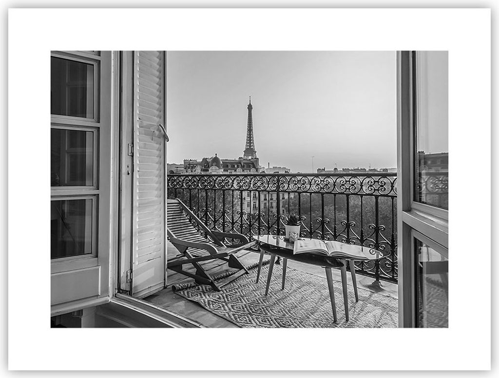 Poster - Poster ohne Rahmen - Schwarzweiß Paris Balkon - 40x30 cm - Wand Bild - Wanddeko - Wandbilder - Kunstposter - Wandposter - Bilder - Kunstd...