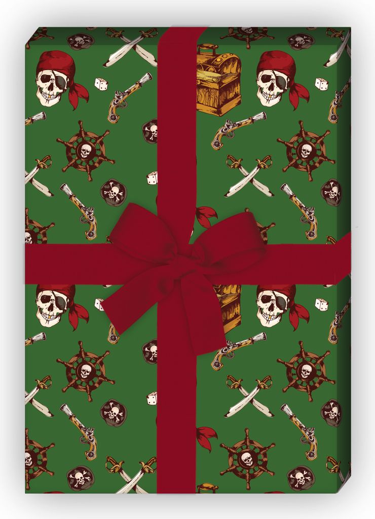 Cooles Seeräuber Geschenkpapier mit Totenkopf, Säbel und Produktbild 1