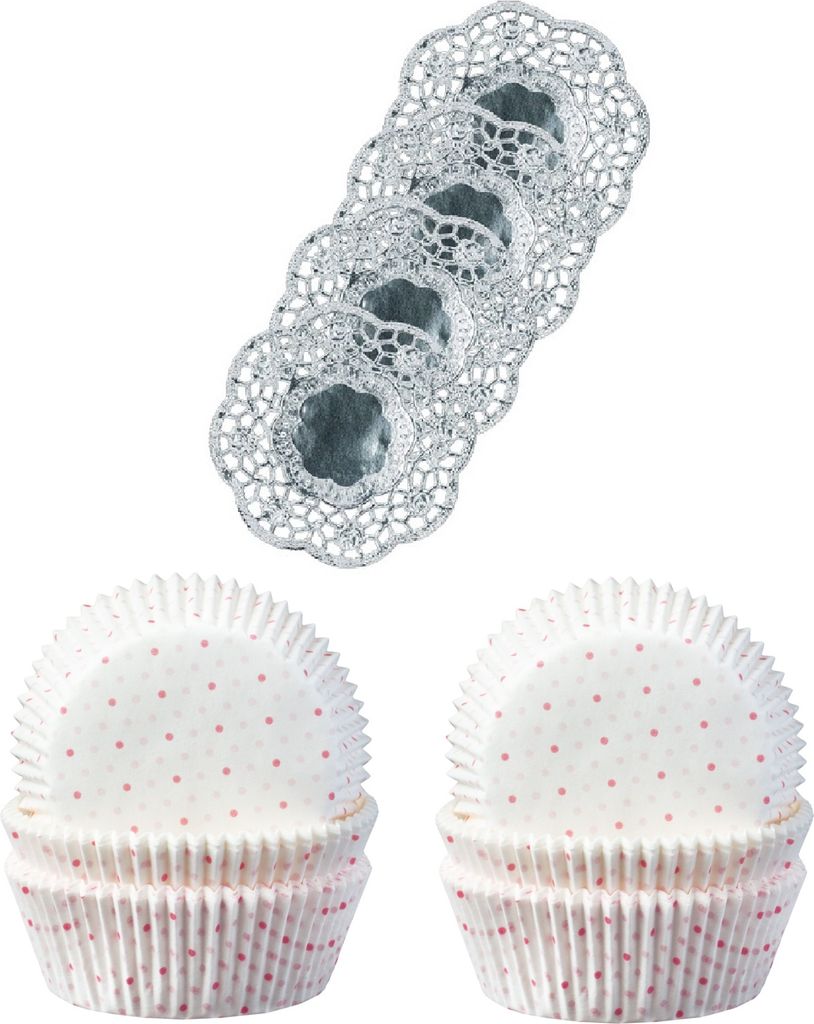 Demmler Muffinförmchen 2er Set - Mikropunkte - Inklusive 4 Tassendeckchen in Silber - zum Backen und Verzieren von leckeren Muffins/Kuchen