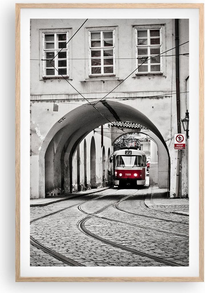 Gerahmtes Poster - Rahmen in heller Eiche - Tschechisch Straßenbahn Prag - 61x91,5 cm - Wand Bild - Wanddeko - Wandbilder - Wandposter - Bilderrah...
