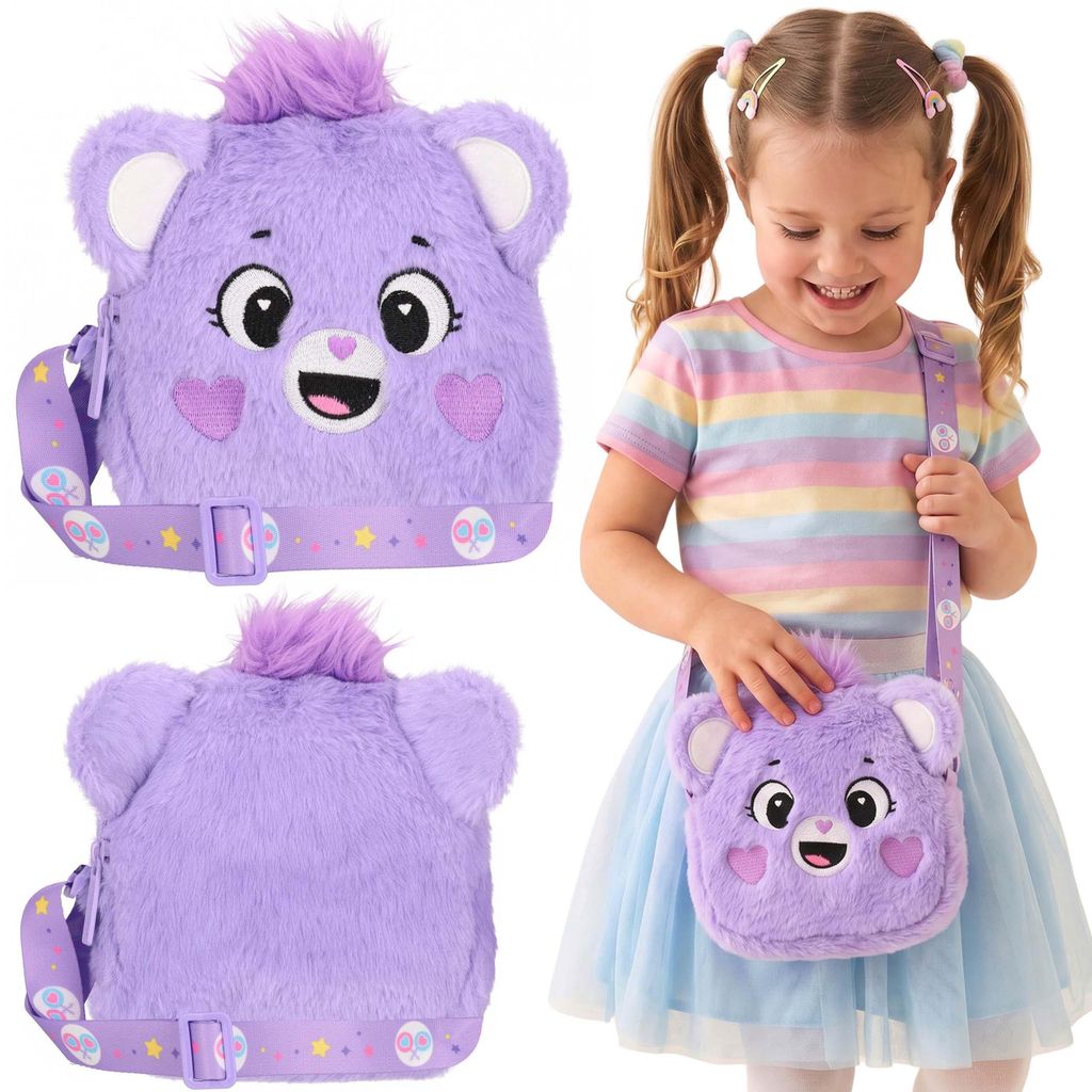 Care Bears Plüschhandtasche mit Reißverschluss für Mädchen, kleine Handtasche mit Riemen, violett, 15 x 15 x 4 cm