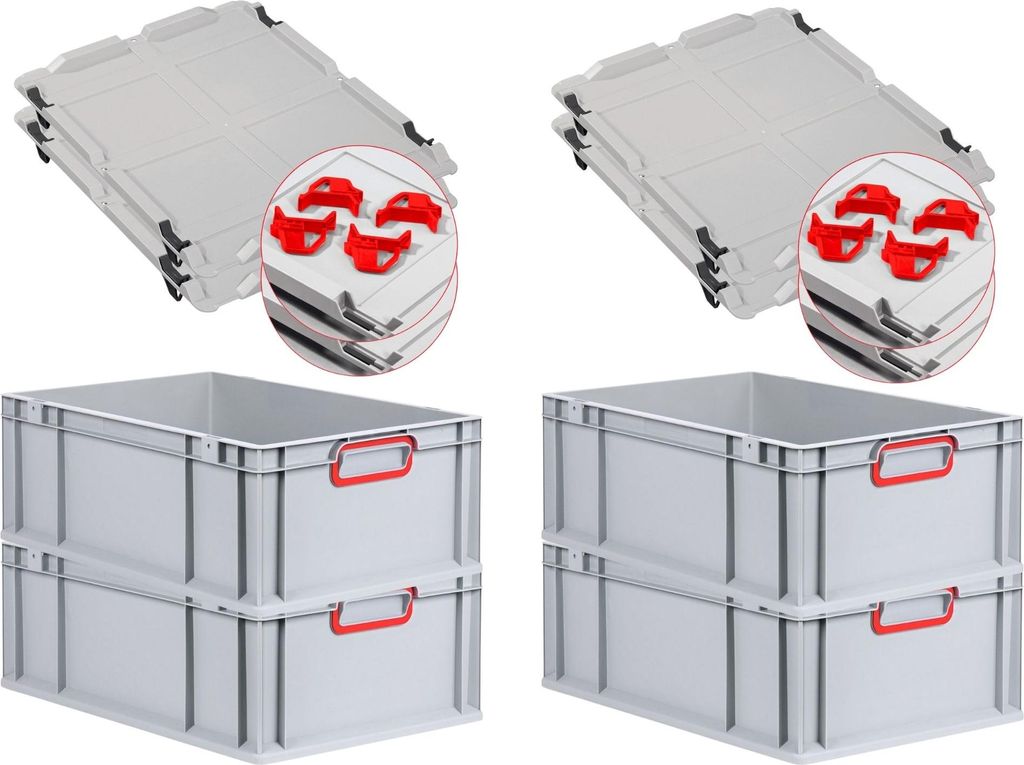 SuperSparSet 4x Eurobox NextGen Color mit Auflagedeckel und Schiebeschnappverschlüsse | HxBxT 22x40x60cm | 44 Liter | Griffe rot geschlossen | Ver...