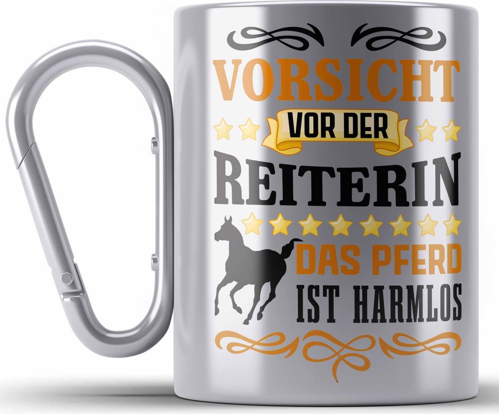 Trendation - Reiterin Mädchen Pferde Geschenk Edelstahl Tasse Karabiner Reiten Reiterin Kinder Becher Spruch Lustig Geburtstag (Silber)