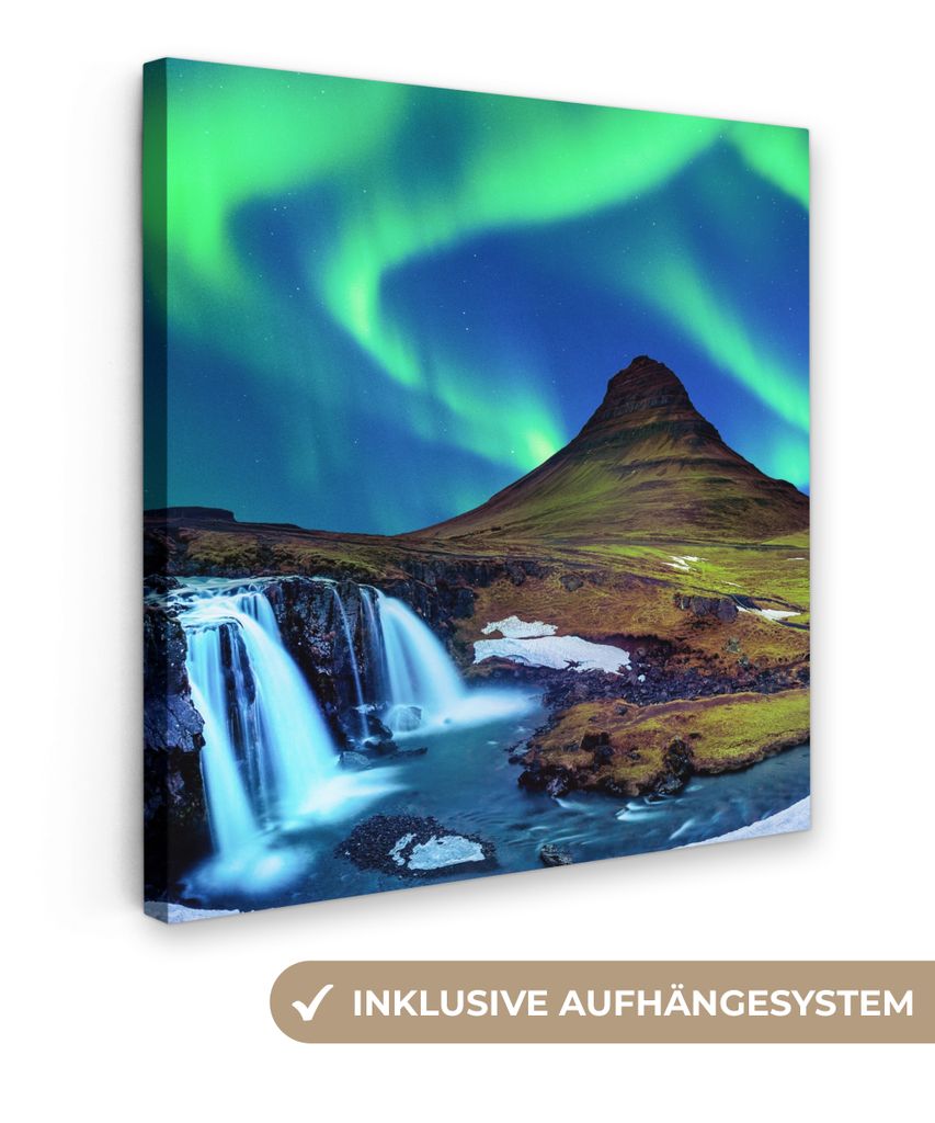 MuchoWow - Leinwandbilder - Nordlicht - Sternenhimmel - Island - Berg - Grün - Wasserfall - See, Wandbild, Wanddeko Bilder Wohnzimmer, 50x50 cm