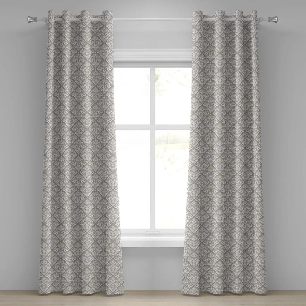 Rideau de salon élégant damas taupe et blanc pour grande fenêtre
