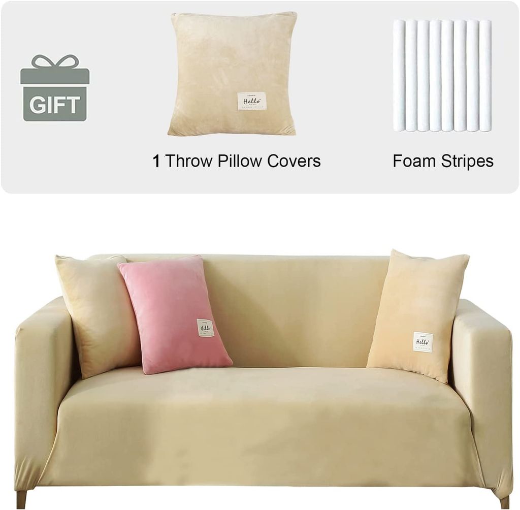 Samt Sofabezug 2 Sitzer- Weich Stretch Couchbezug rutschfester Sofaschutz Sofahusse Plüsch Sofa Schonbezüge mit 1 Kissenbezug für Wohnzimmer,Bei...