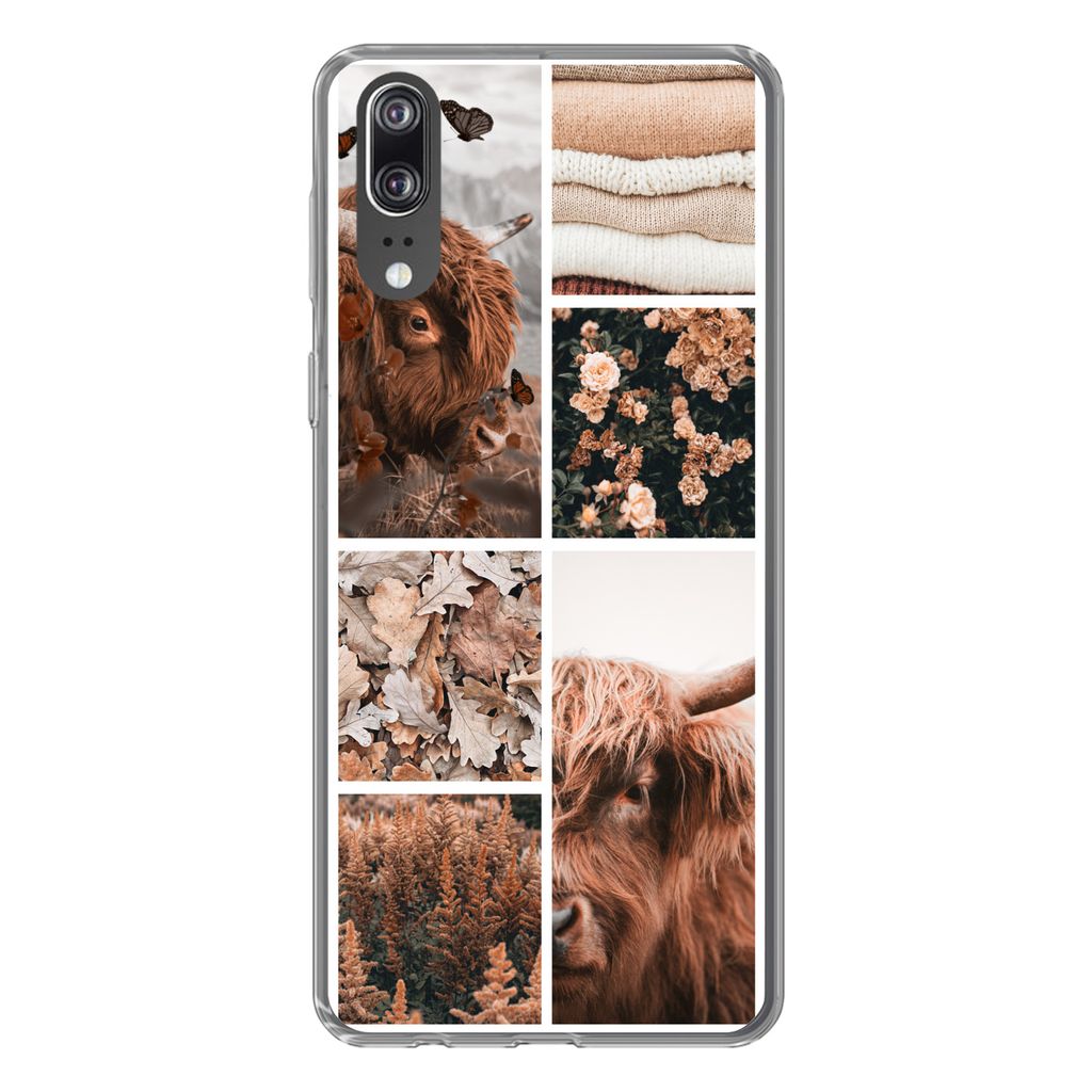 MuchoWow Handyhülle Schutzhülle Hülle für Huawei P20 Schottischer Highlander - Collage - Blumen Silikon Softcase Handy Hülle - Hardcover
