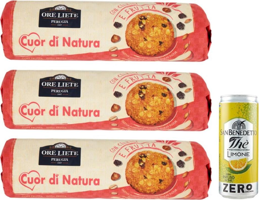3er-Pack Ore Liete Cuor di Natura Biscotti Frutta,Kekse mit Getreide und Obst,mit Vollkornmehl und ohne Zuckerzusatz,250g + 1er-Pack San Benedetto...