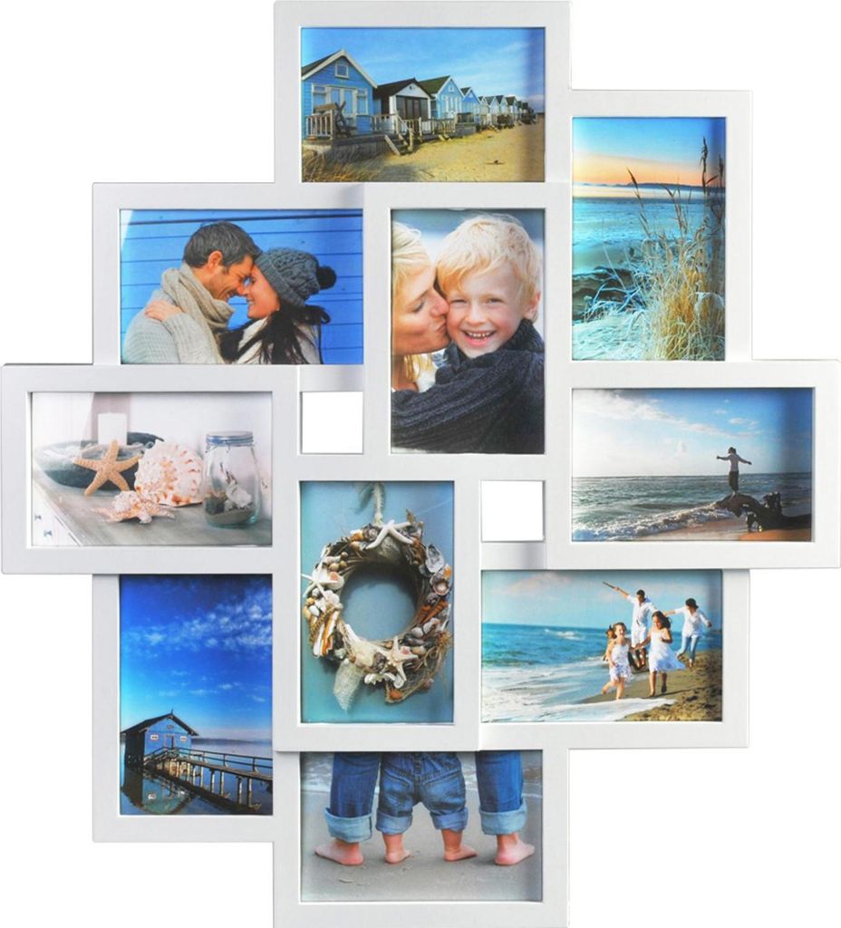 A white collage photo frame displaying multiple beach-themed photos.
