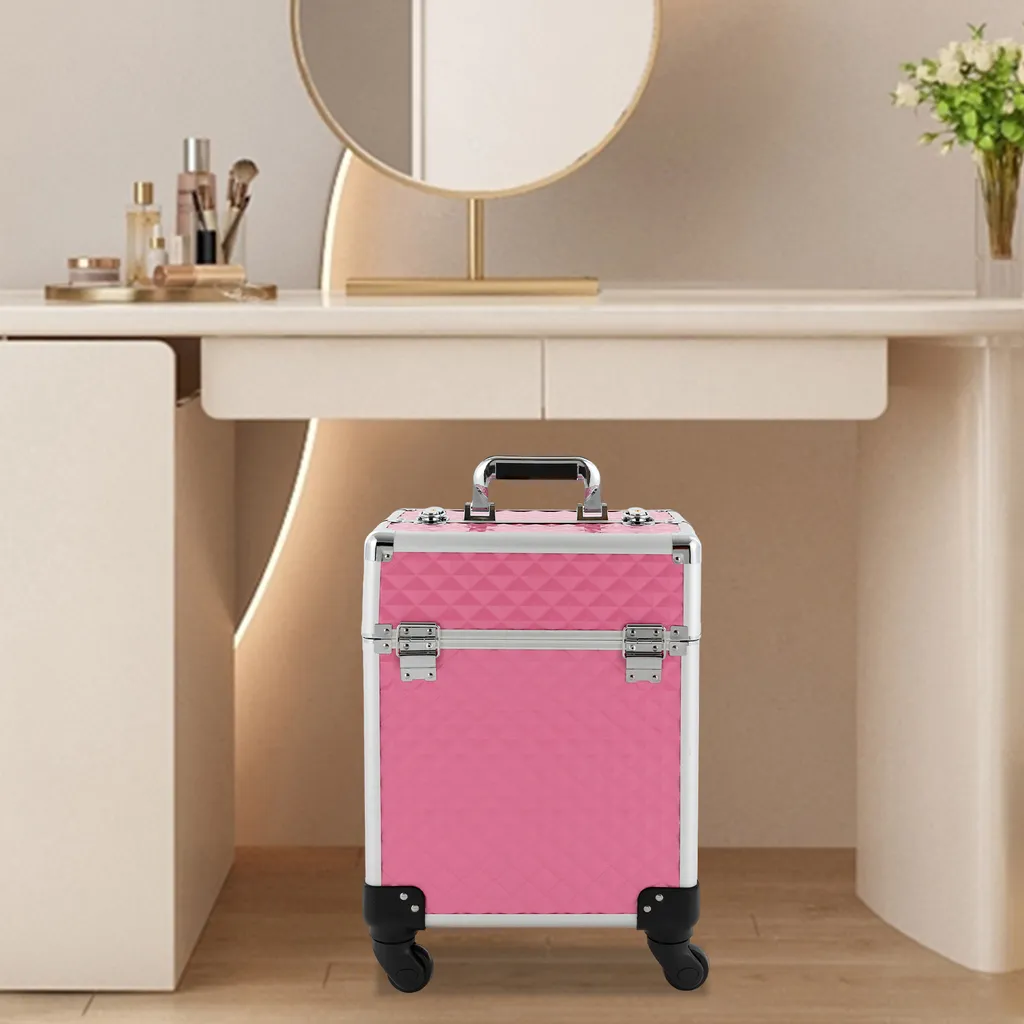Valise de maquillage trolley couleur pêche - Rangement cosmétique XXL