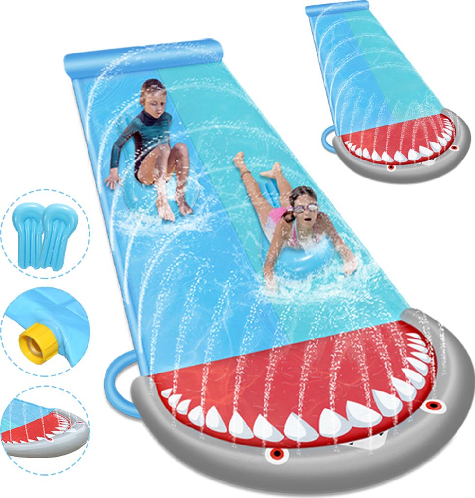 Yakimz Wasserrutsche Outdoor Sommer Rasen,550 * 145cm Hai-Stil Wasserspielzeug Garten Wassermatte, Wasser Rutsche mit 2xSurfbrett