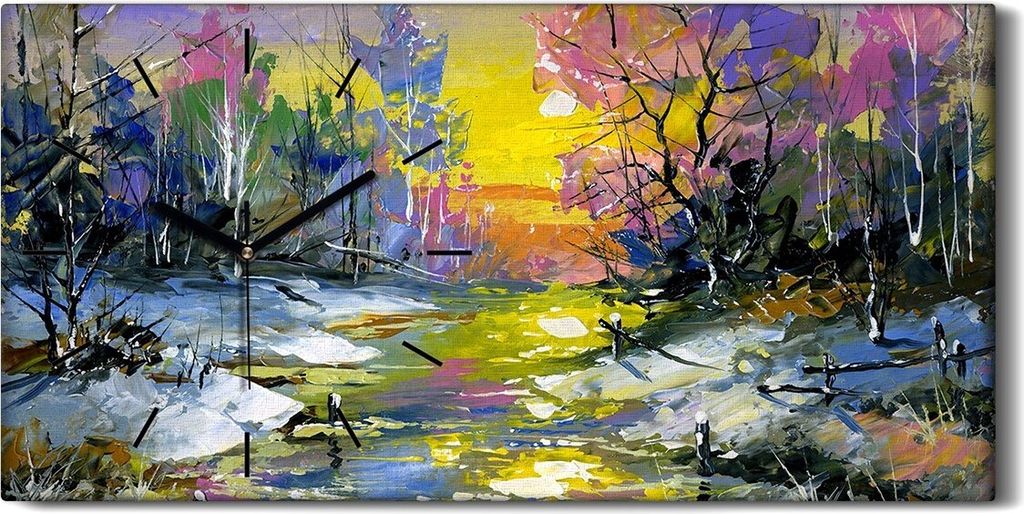 Wandbild Leinwand Bilder mit Uhr 60x30 Winter Landschaft mit dem Wald Fluss - schwarze Hände