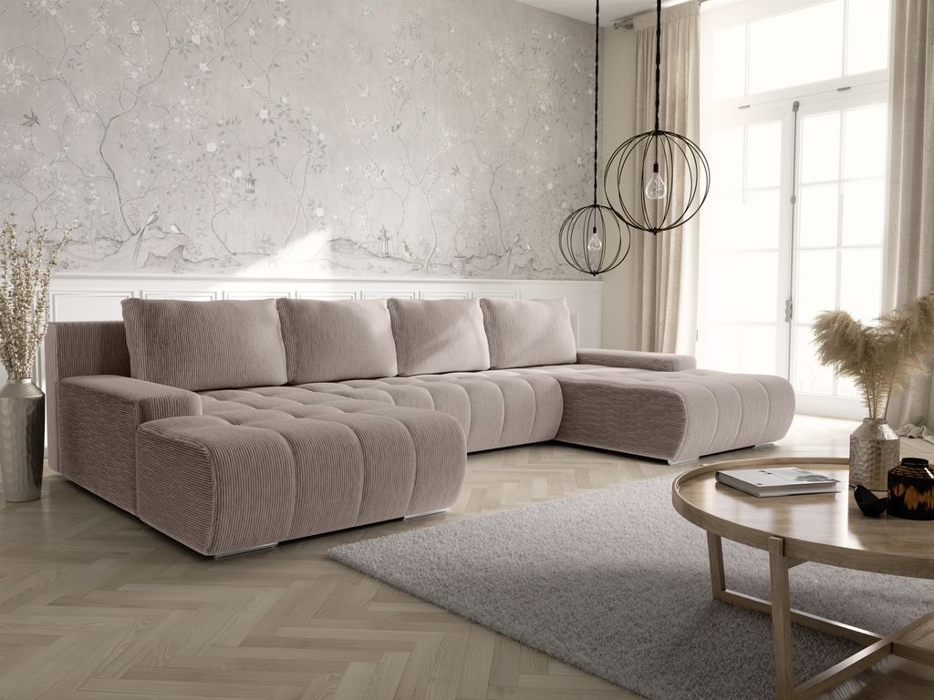 KEF Ecksofa Vera – U-Form – 350x85x185 cm – Liegefläche 290x140 cm – Rollsystem zur Ausklappung – Mit Schlaffunktion – Wellenfederung ...