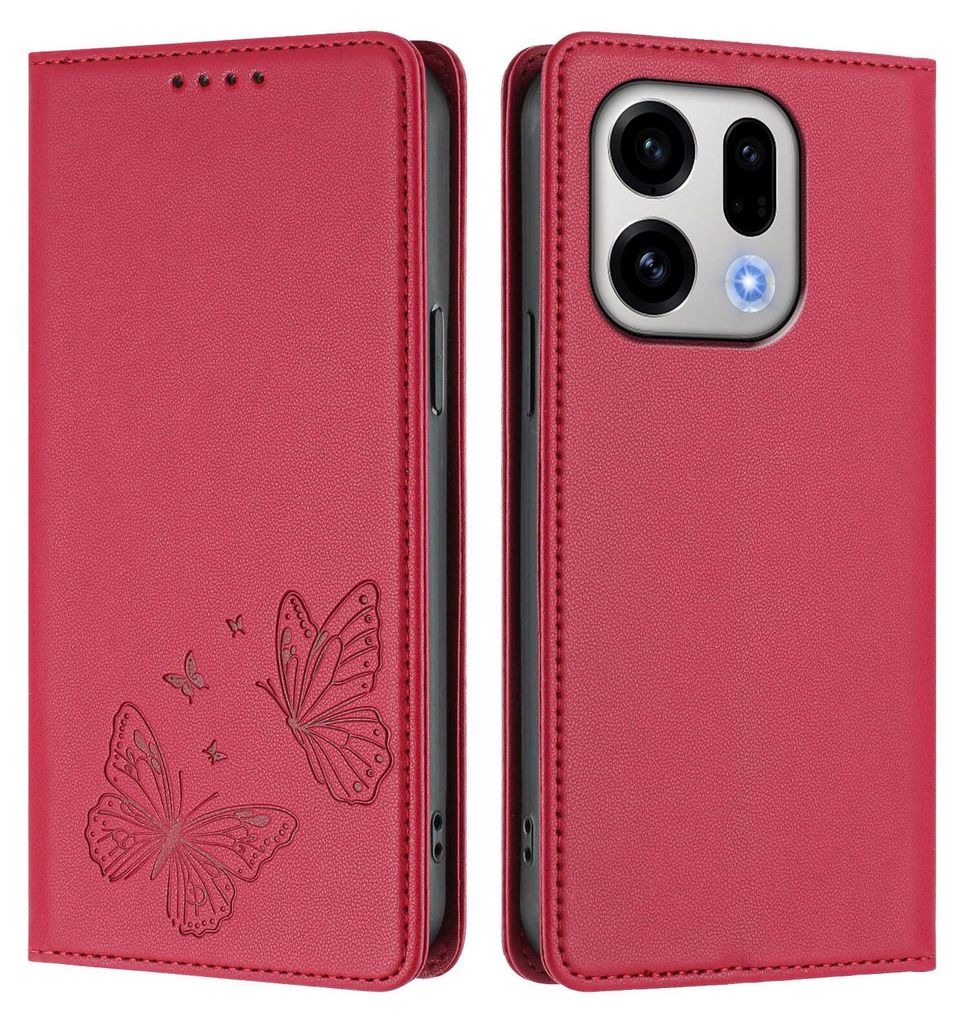 Lederhülle für Oppo Find X9, Schmetterling Prägung Leder Brieftasche Schutzhülle mit Ständer Rot