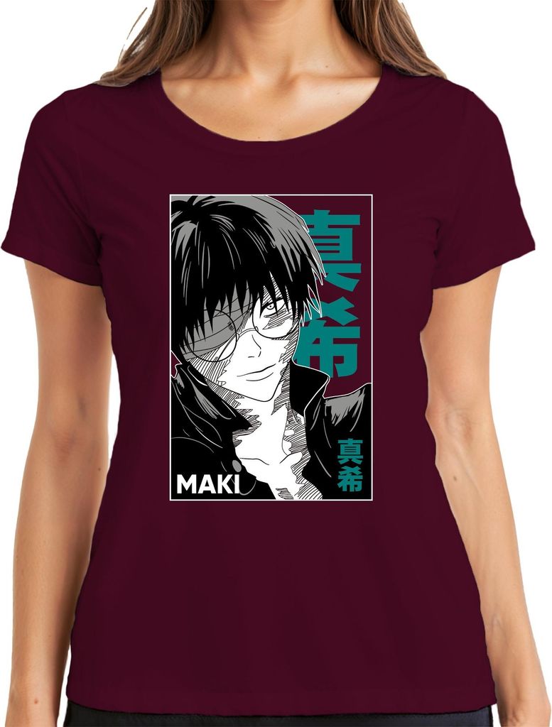 Anime Manga MAKI Brille schwarz weiß Cool Geschenk Otaku Retro Damen T-Shirt, Burgundy, M