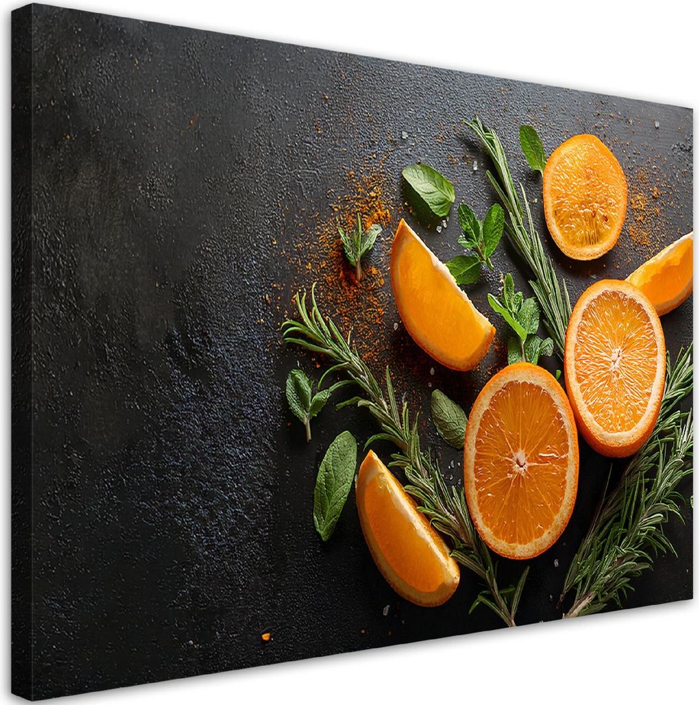 Leinwandbild Orangen Obst Gewürze Lebensmittel für die Küche 90x60 Feeby Orange bild für die wand bereit zum aufhängen