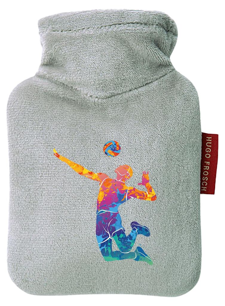 Huuraa Mini-Wärmflasche Volleyballer bunte Silhouette 0,2 Liter Grey Mini Veloursbezug Taschenwärmer Geschenkidee