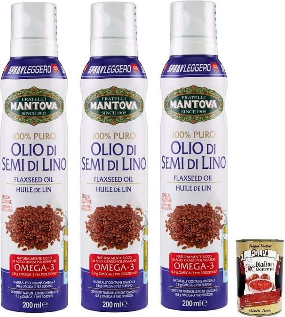 3x Fratelli Mantova Olio Spray Semi di Lino Leinsamenöl,Leinölspray,Reich an Omega 3,Glutenfrei 200ml + Italian Gourmet Polpa di Pomodoro 400g Dose