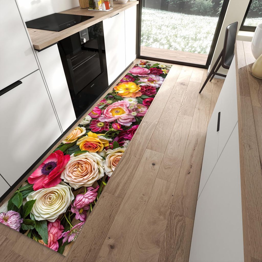 Küchenteppich 60x300cm rutschfest & abwischbar PVC Läufer - Blumenbouquet